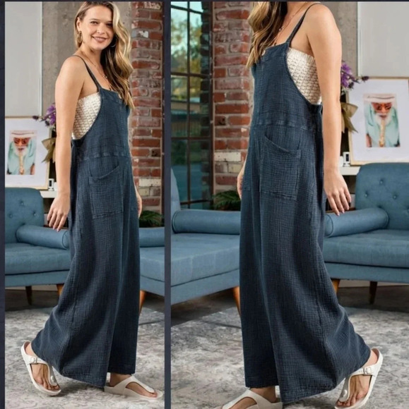 New! Easel Faded Denim Blue Washed Cotton Jumpsuit Overalls - Picture 4 of 5